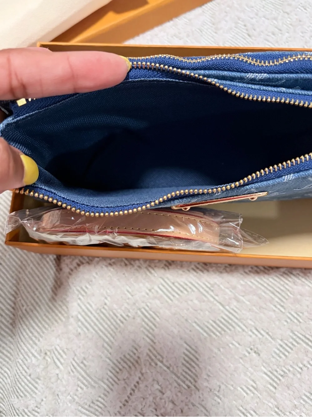 Blue Denim Monogram Zip double Pouch with Straps & Gold Plaque